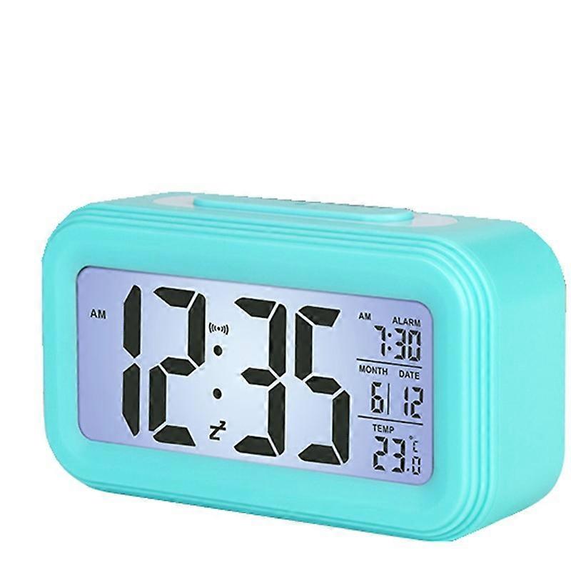 Blue Digital Alarm Clock Morning Alarm Clock, Silent Battery Operated Digital Alarm Clock for Children Adults Large LED Display Temperature Calendar