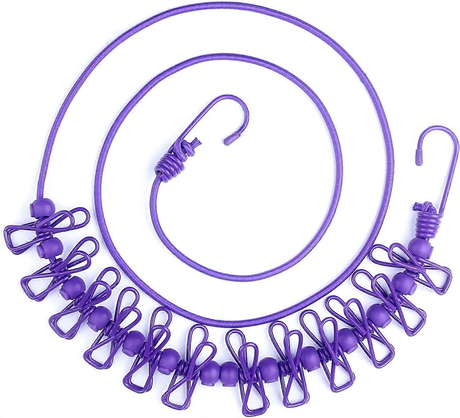 Corde  linge lastique de voyage portable Corde  linge rglable avec 12 pinces  linge pour une utilisation extrieure et intrieure (violet)