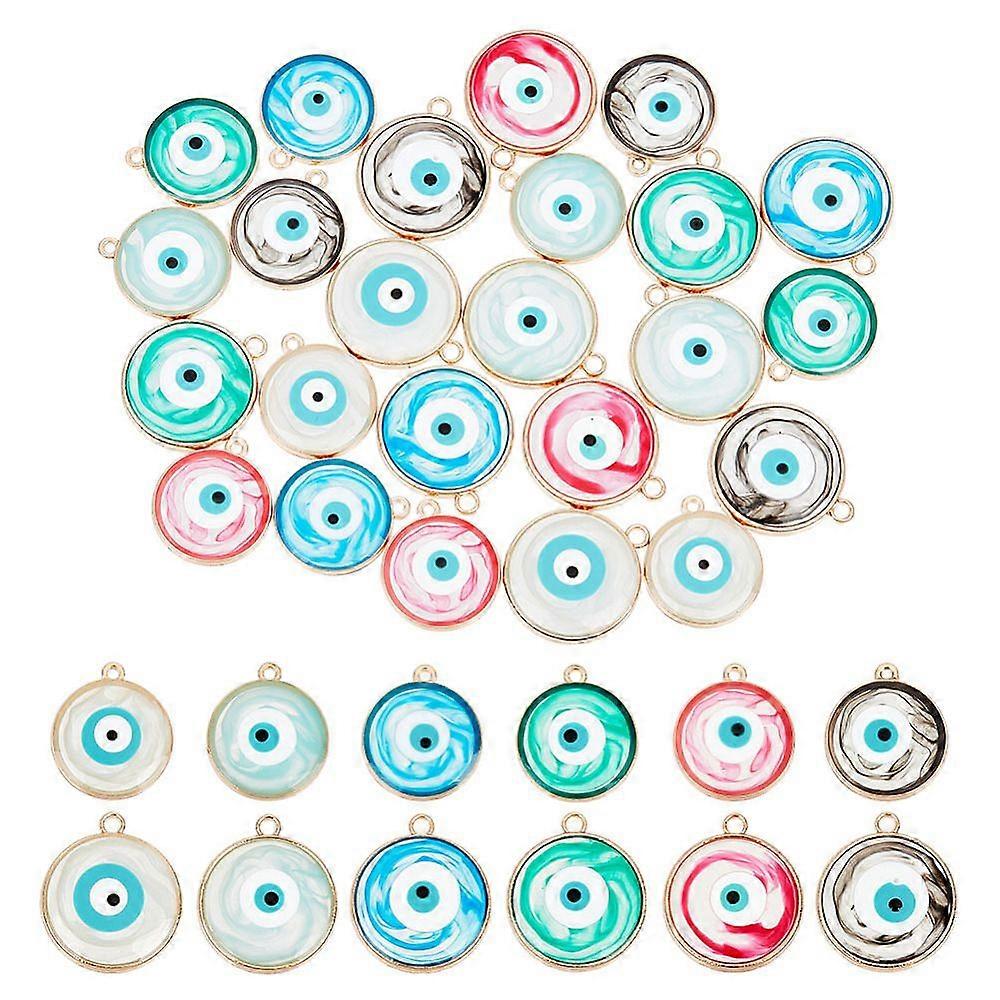 24Pcs 12 Styles Transparent Evil Eye Resin Pendants with Golden Tone Zinc Alloy Findings Flat Round Charm Mixed Color 18~21x16~18x2.5mm Hole: 1.2~1.8m