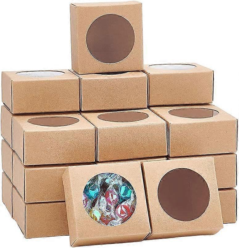 24 Pcs Kraft Paper Boxes with Window Brown Bakery Box Round Window Pastry Box Mini Cake Box Treat Box 2.52.51.2"(6.36.33cm) for Pastries Cookies Pie D