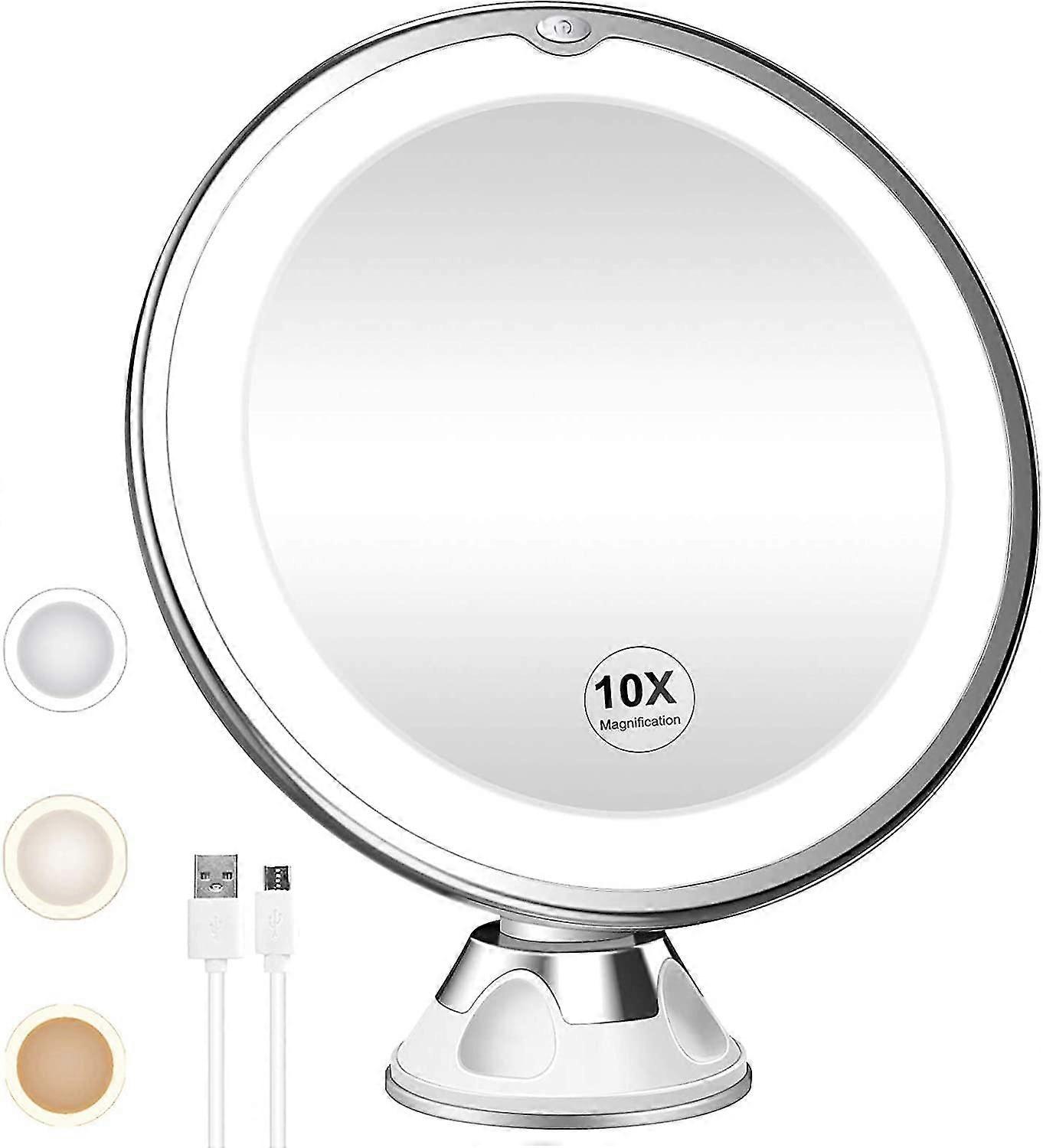 10x Magnifying Lighted Makeup Mirror, Rechargeable, 3 Color Modes, 360 Rotation, Powerful Locking Suction Cup Portable Cordless Vanity Mirror Compatib