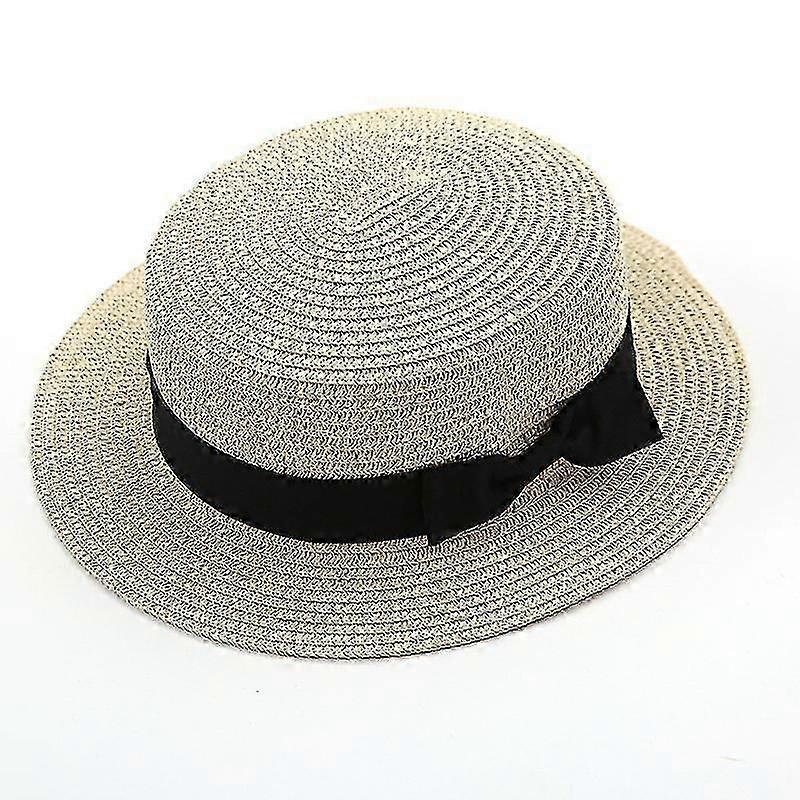 Womens Beach Bowler Straw Boater Hat Round Flat Caps Wide Brim