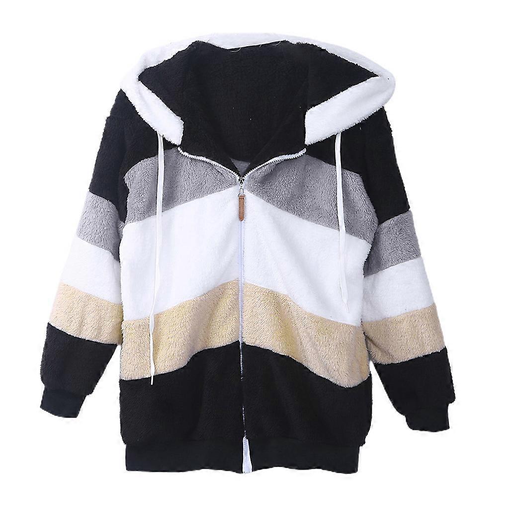 Women Winter Plush Warm Hoodie for Jacket Long Sleeve Oversized Color Block Coat  Red XL