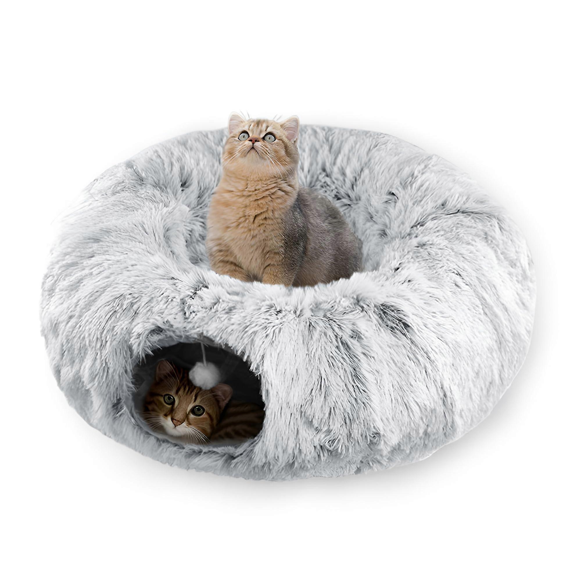 Cat Tunnel Bed with Washable Cushion, Fluffy Ball, Soft Plush Material, Big Round Tube for Indoor Cats, Kittens, and Small Pets