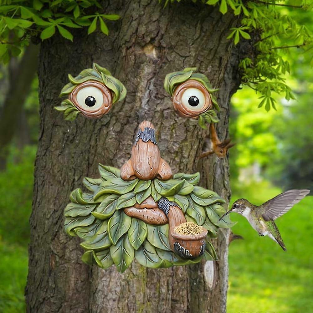 Tree Face Decor Outdoor 12-Inch Bird Feeder Old Man Hugger Statue With Glow Eyes In The Dark