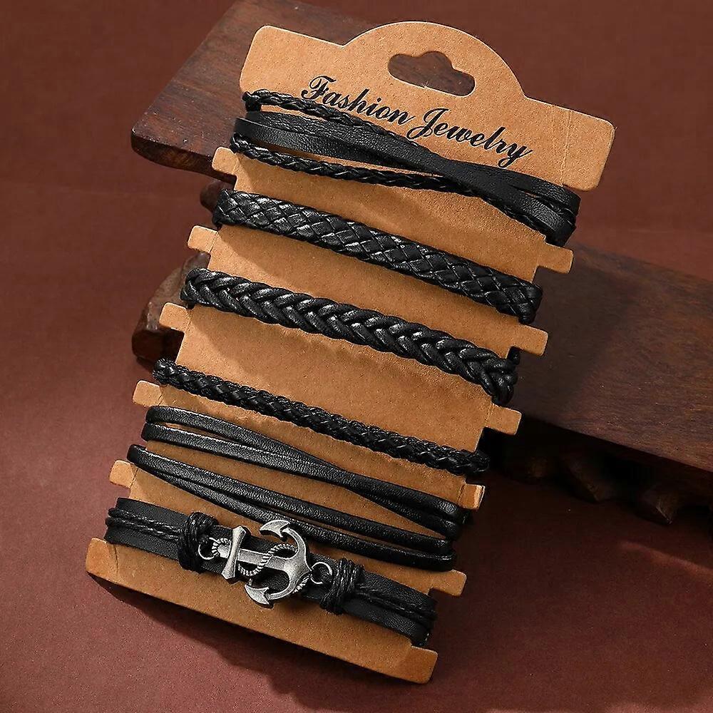 6Pcs Set Mens Vintage Braided Leather Bracelet