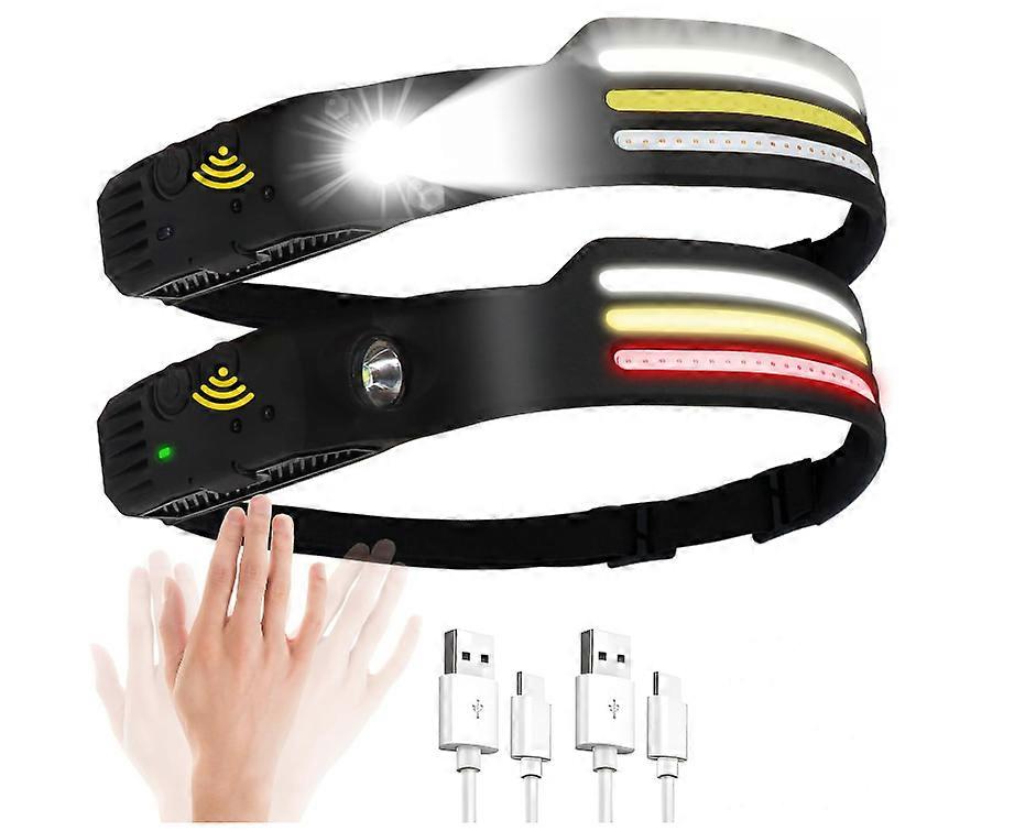 2 Packs Head Torch Rechargeable, Super Bright COB LED Head Torch 8 Lighting Modes Headlamp with Motion Sensor IPX4 Waterproof(Black)