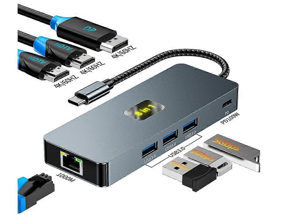 Laptop Docking Station Dual Monitor 4K@60Hz,8 in 1 USB C Hub with Dual HDMI,Displayport,1000Mbps LAN Ethernet,100W PD,3 USB,USB C Dock(Black)