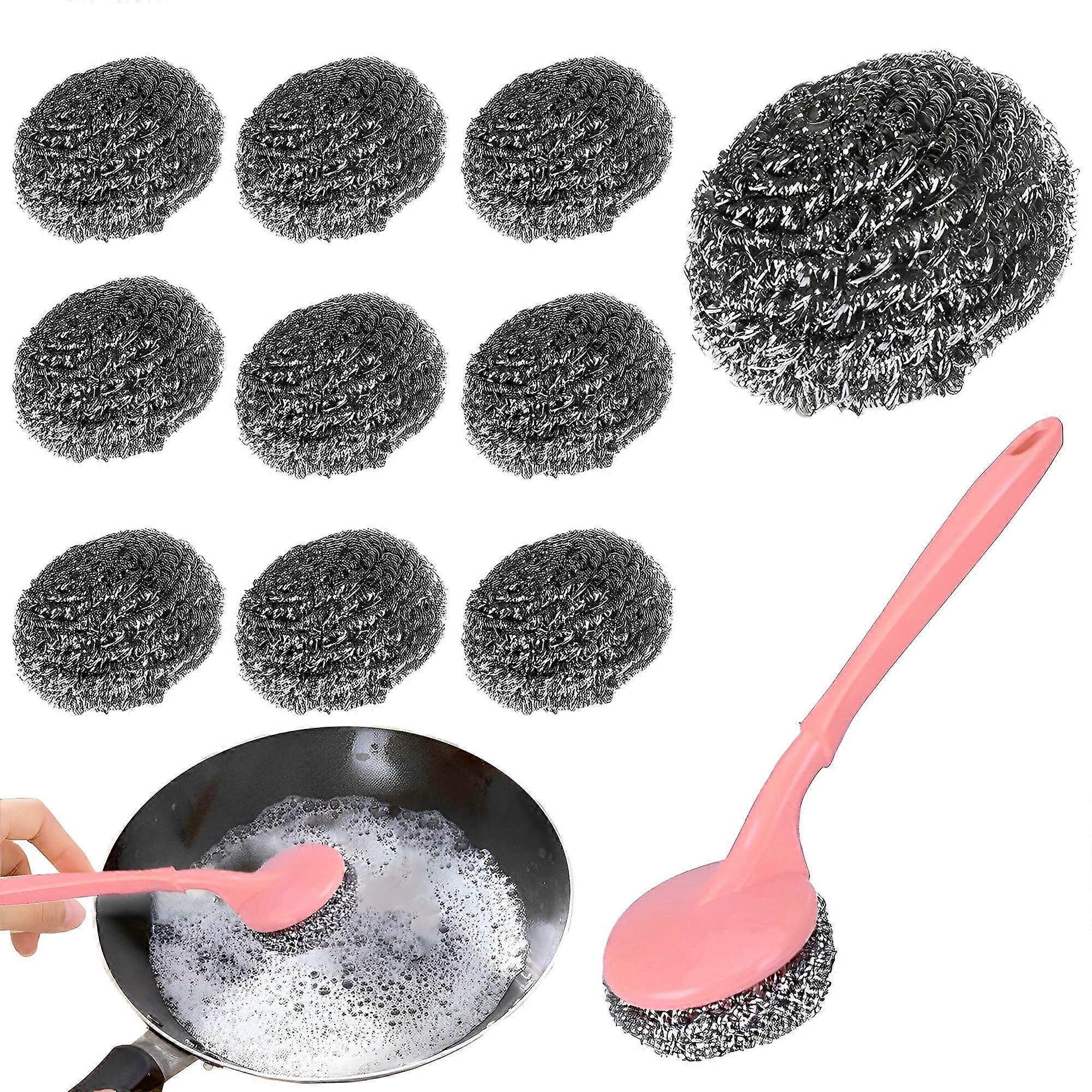 Stainless Steel Pot Scrapers Set of 10, Durable Scouring Pads with Handle for Cleaning Pots, Pans, Grills, and Ovens