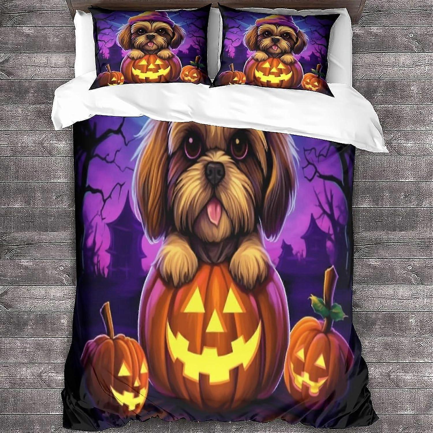 Dog Duvet Cover Halloween Printed Bedding Set Soft Microfiber Animal Quilt Cover with Zipper Closure Double������ijƷ��