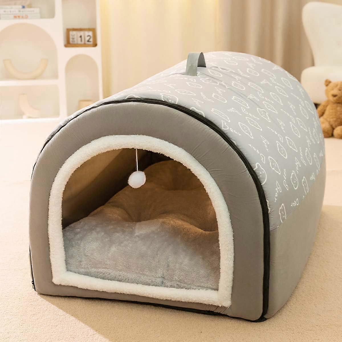 Foldable Dog Kennel with Soft, Warm Cushion, Removable, Washable, Gray M:50x40x35cm
