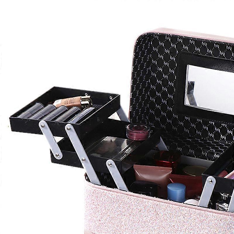 Cosmetic Storage Box PU Leather Large High Capacity Portable Toiletry Bag for Travel Pink 4 Sided Openning
