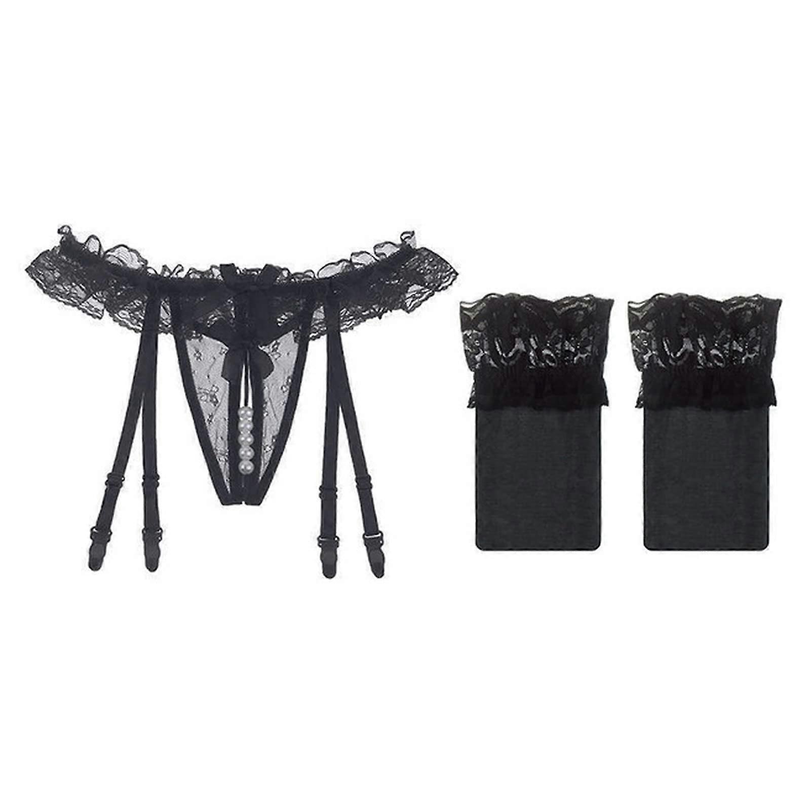 Netzsocken Damen 1 Set Schwarz Sexy Strümpfe Mit Strumpfband Gürtelspitze Elastische Oberschenkel-Highs Fischnetz 1 Set