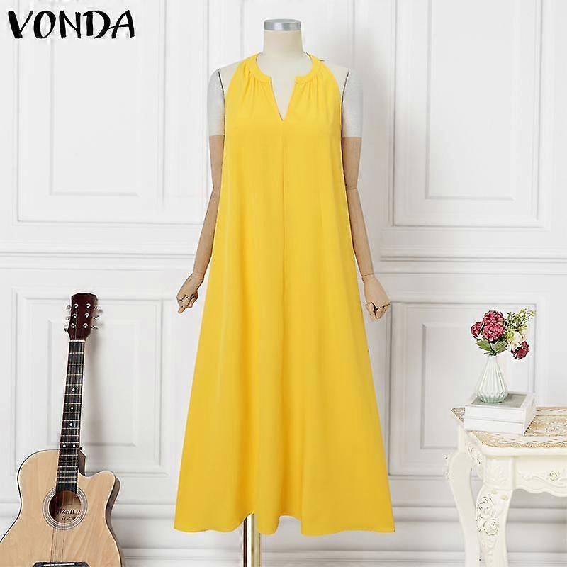 VONDA Sommer Kvinder V-hals Uden ærmer Helfarve Afslappet Fest Lang Swing Kjole