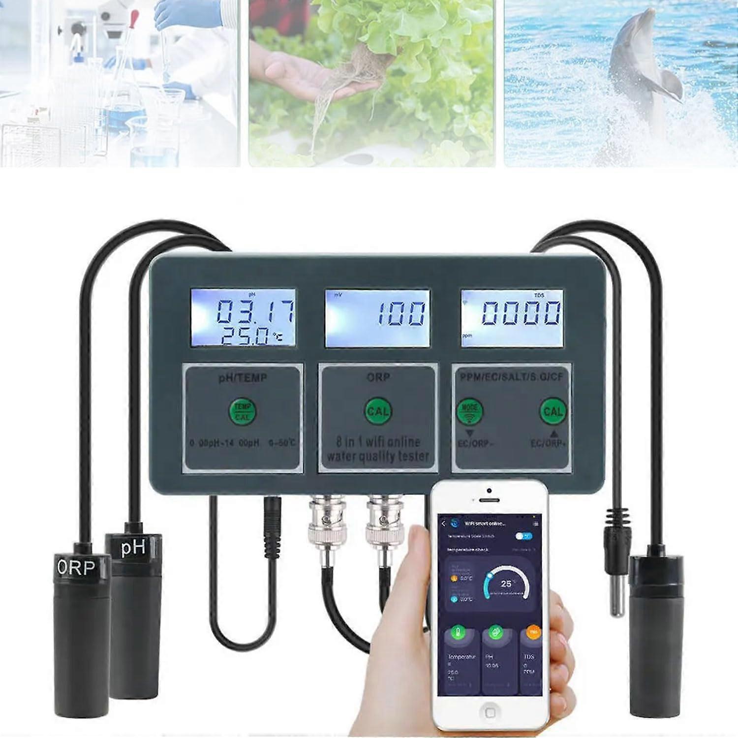 8 In 1 Water Quality Tester for Aquarium, Fish Tank, Swimming Pool - PH, TDS, EC, Salt, S.G, ORP, Temperature Monitor with WiFi