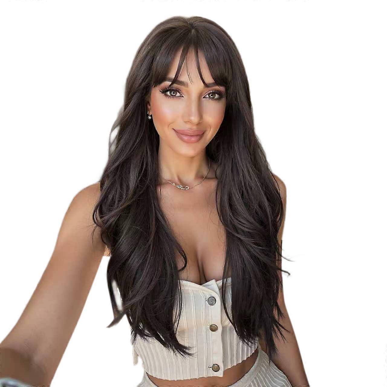 Haircube Easy to Style Natural Brown Wavy With Bangs Glueless Synthetic Wig – Realistic Hair Texture for Everyday Confidence