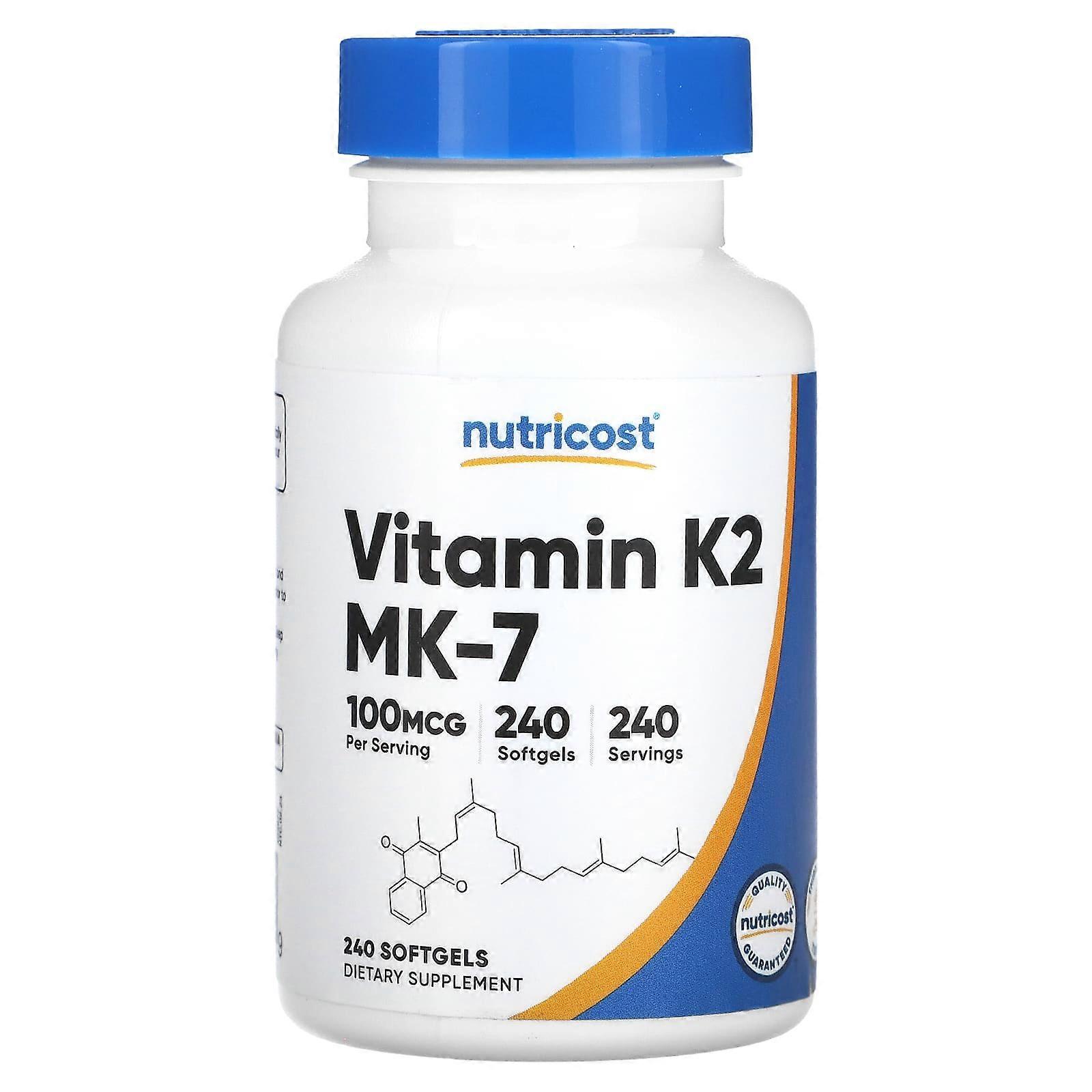 Nutricost, K2-vitamiini, 100 mikrogrammaa, 240 pehmeää kapselia