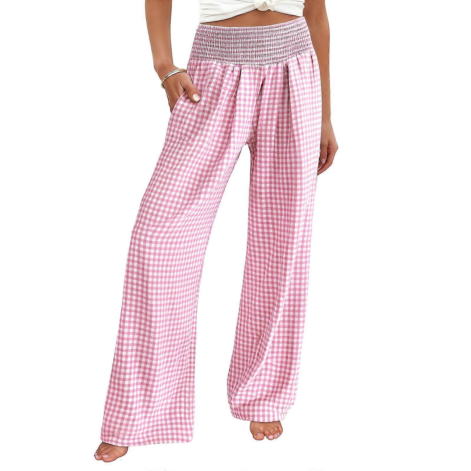 女式条纹格子阔腿裤高腰休闲睡裤可爱休闲裤带口袋  Pink XL