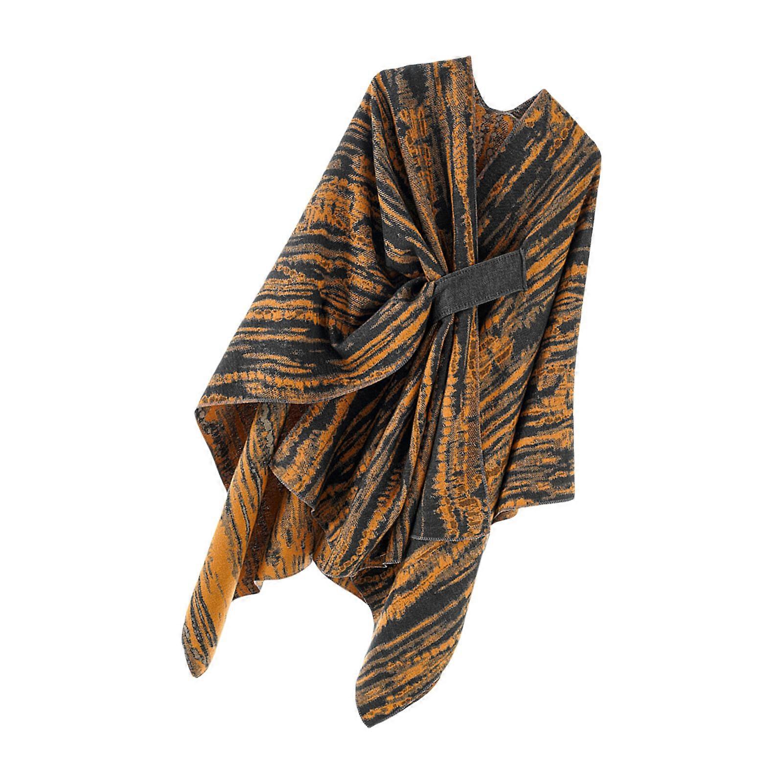 Textured Open Front Capelet Wrap Winter Layering Essential Jacquard Design Shawl Scarf Winter Thermal Outer Garment  Orange