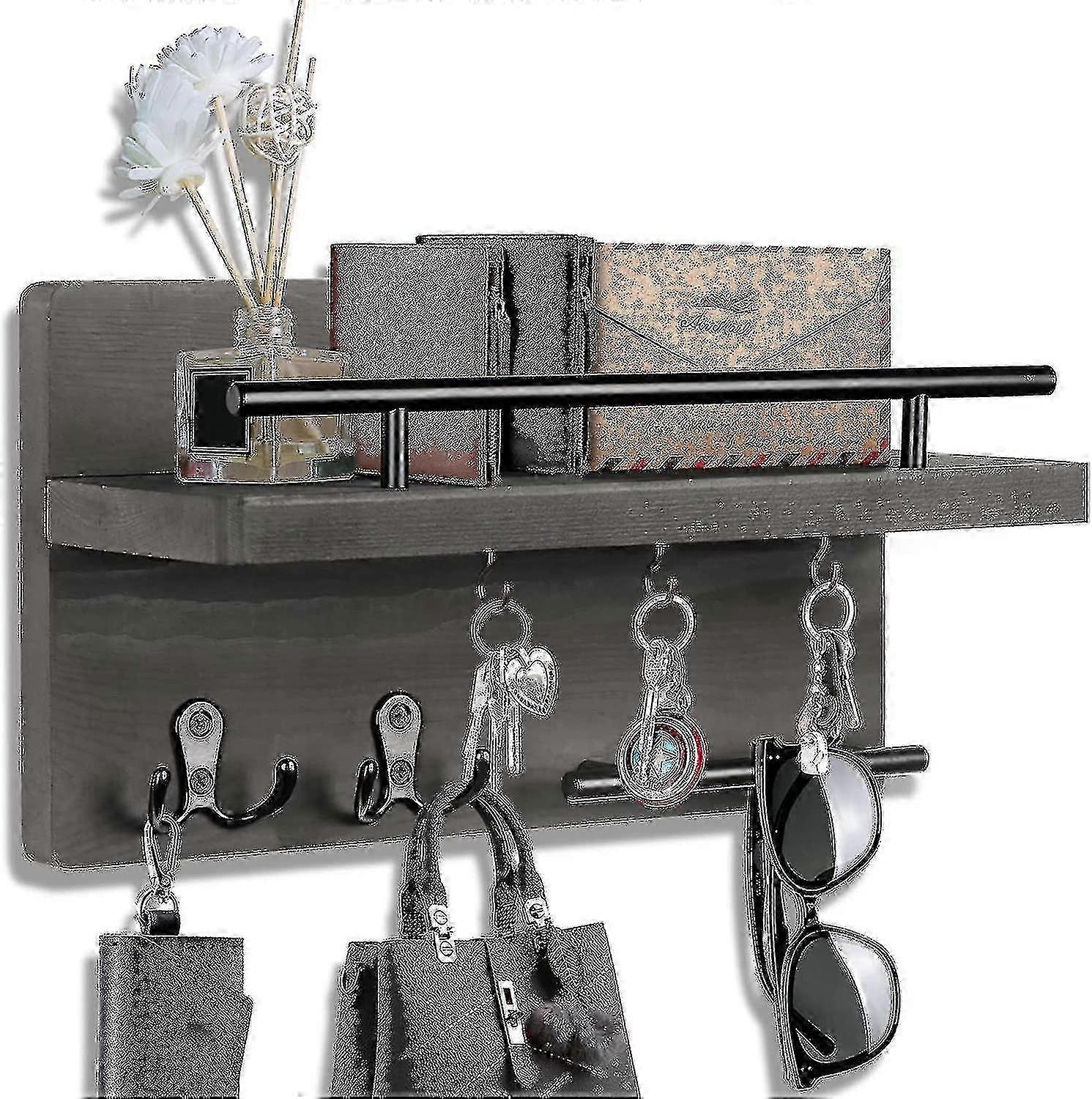 Key Holder For Wall Decorative With 5 Key Hooks, Wall Mounted Key Hangers For Wall With Mail Key Rack, Wooden Mail Organizer With Shelf, Rus