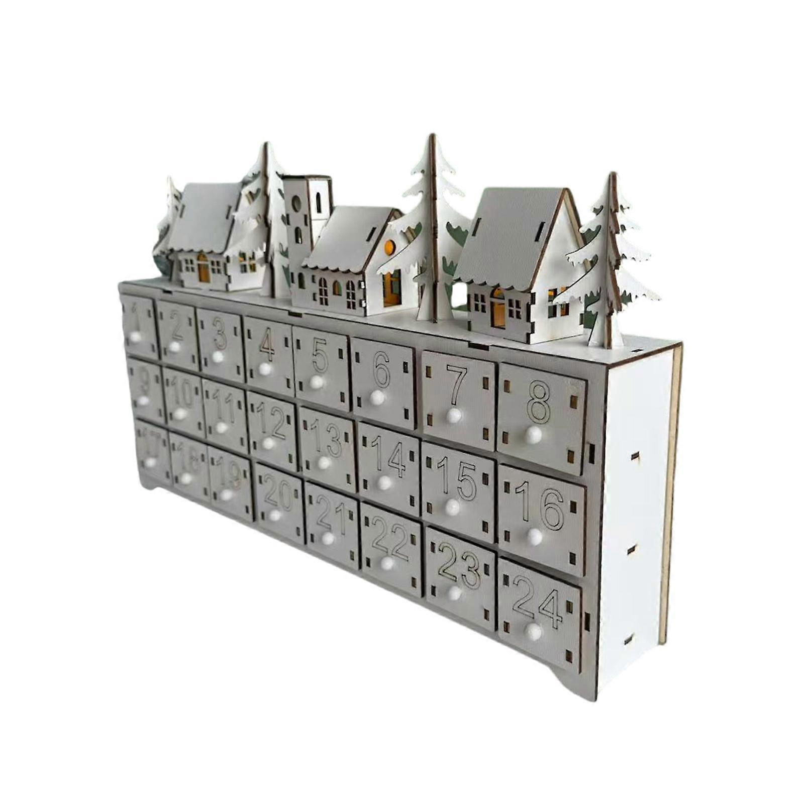 Lighted Wood Advent Calendar with 24 Drawer Countdown to Christmas Decoration Handmade Desktop Ornament Accessories Multicolor