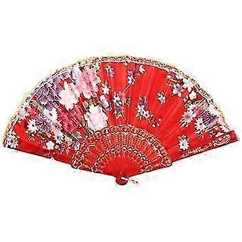 Chinese Style Folding Fan Hot Stamping Silk Fabric Handheld Fan with Gold Edge Flower Patterns