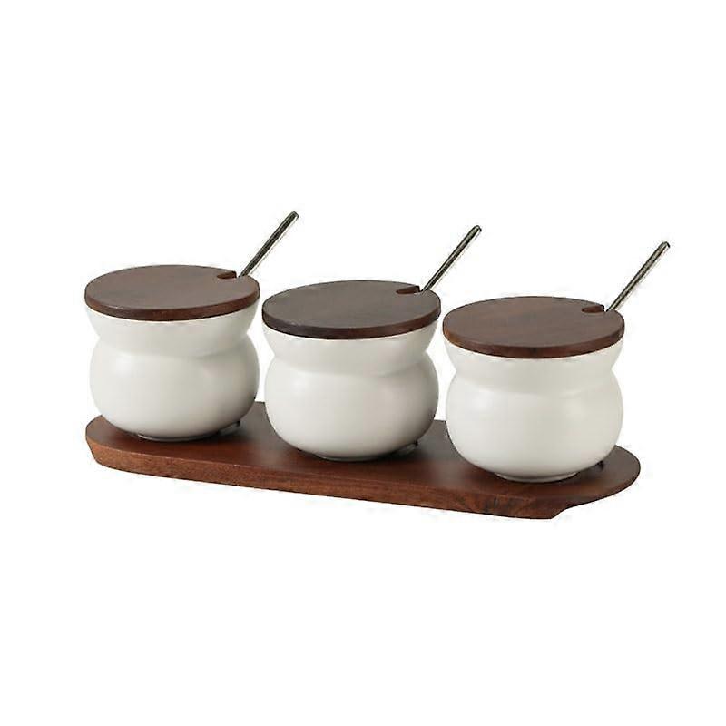 White Ceramic Spice Jar Set with Lid and Builtin Teaspoon for Kitchen and Coffee Bar