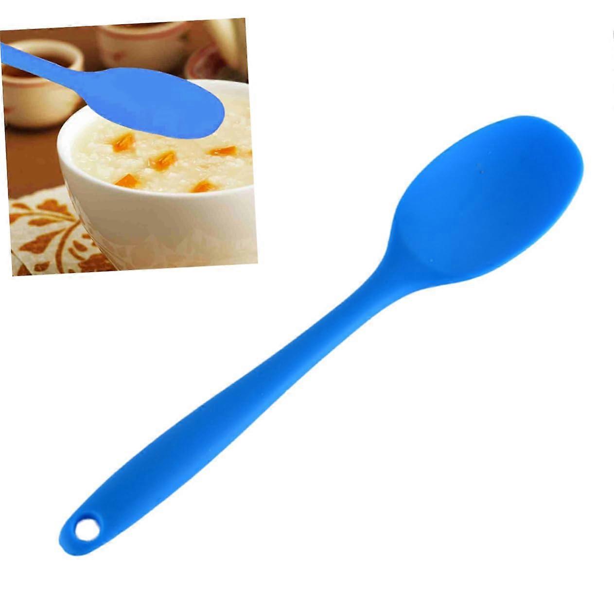 Silicone Soup Spoon Heat Resistant Nonstick Long Handle Utensil for Serving Soup and Noodles Blue