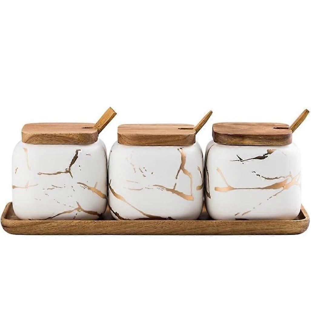 Spice Jar Set with Tray and Spoons, Elegant Ceramic Containers for Kitchen Countertop Storage