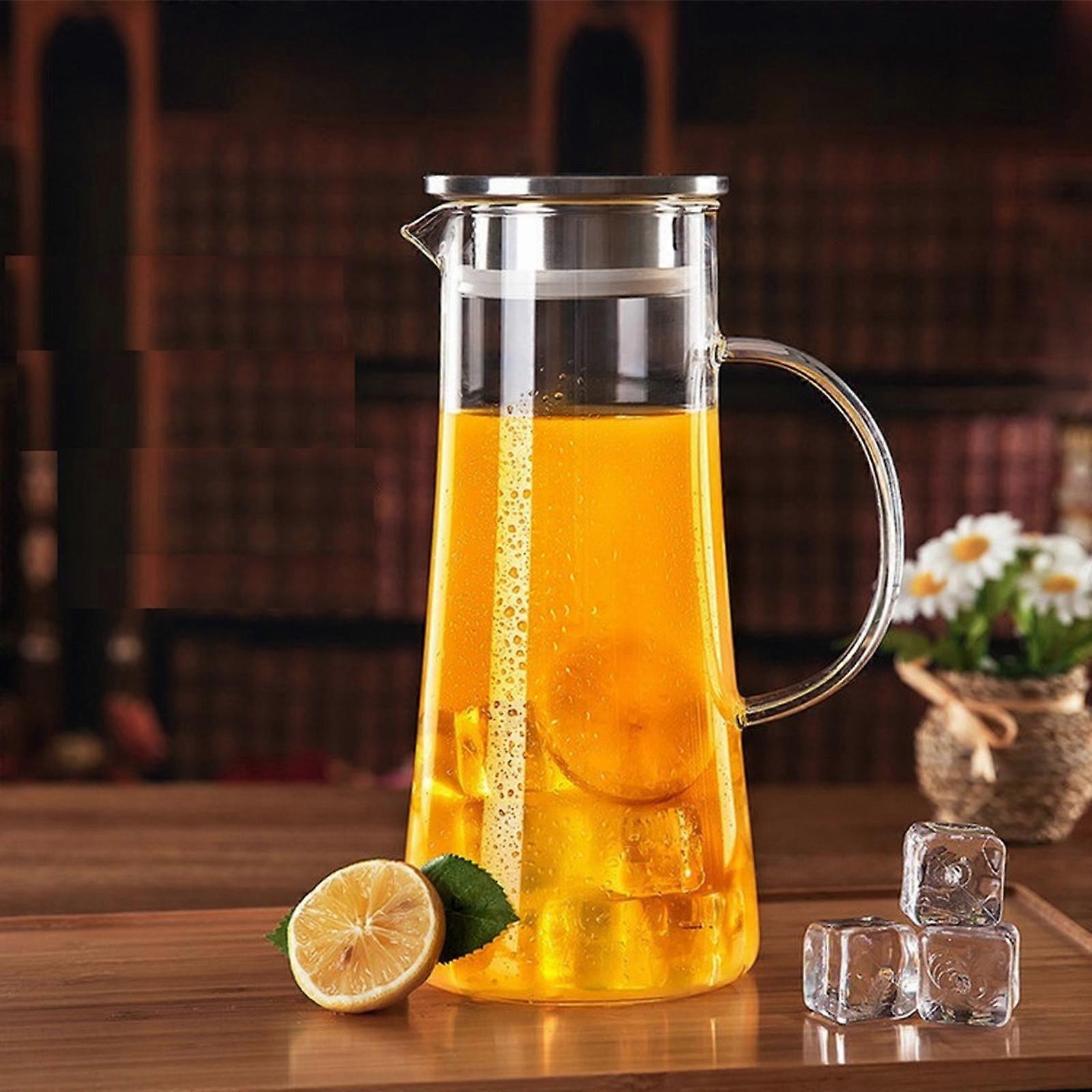 Glass Pitcher with Lid, Handle & Spout, Compatible with Fridge, for Iced Tea, Lemonade, Hot/Cold Water