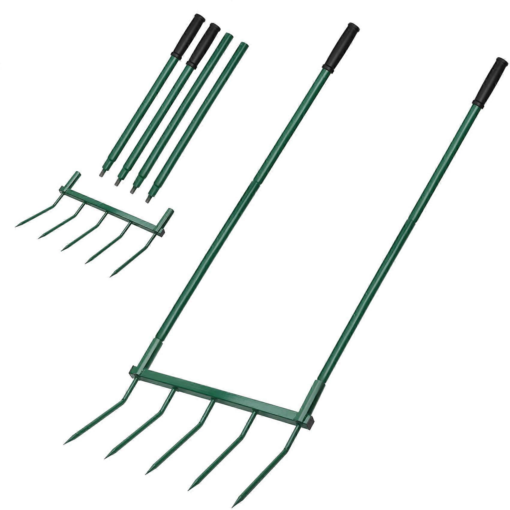 5 Tines Heavy Duty Broad Fork Garden Hand Tiller, Steel UShaped Handle for Soil Aeration and Digging