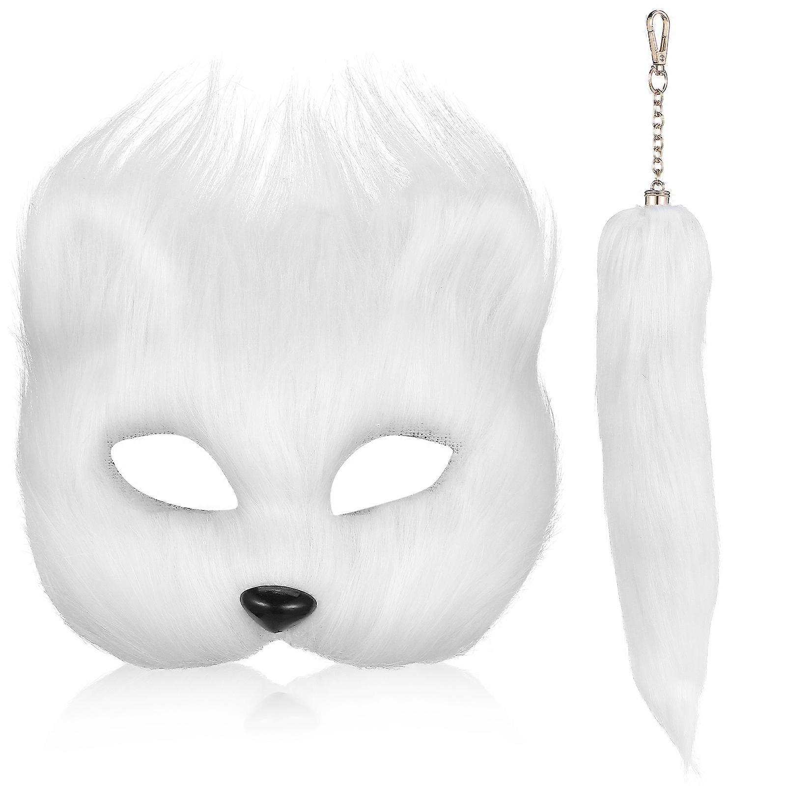 Fox Mask Cosplay Set for Party Use Featuring White Fluffy Tail Prop