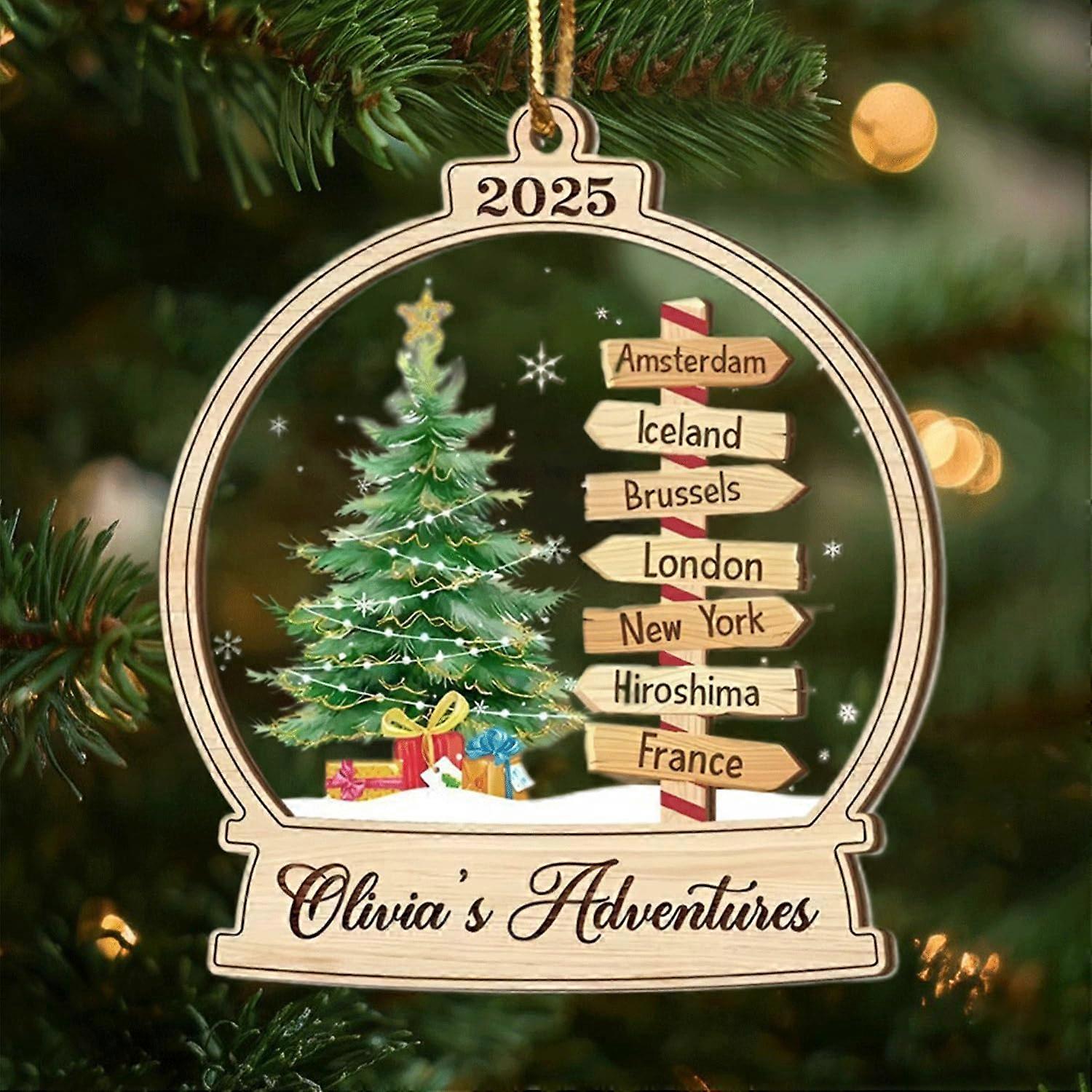 Wooden Travel Ornament with Custom Destination, Names and Year for Christmas Tree Keepsake