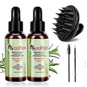 Kit de Óleo de Alecrim para Crescimento Capilar e Cuidados com a Pele - Óleo Essencial Puro com Coco e Hortelã - 2 x 60ml com Massageador de Couro Cabeludo de Silicone