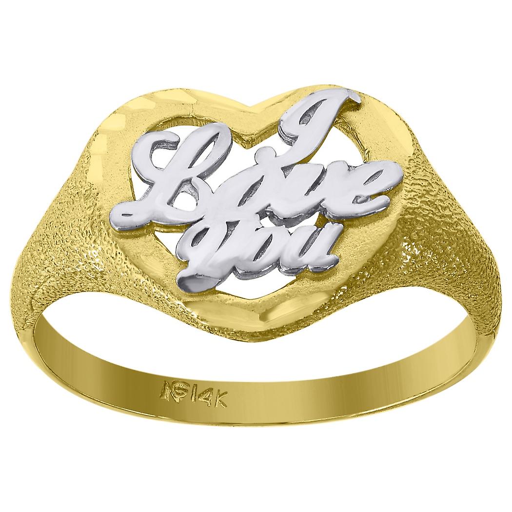 14Kゴールドレディースツートーンアイラブユーハートバンドリング11.5x1.4mmワイドサイズ7ステートメントリング女性と男性用
