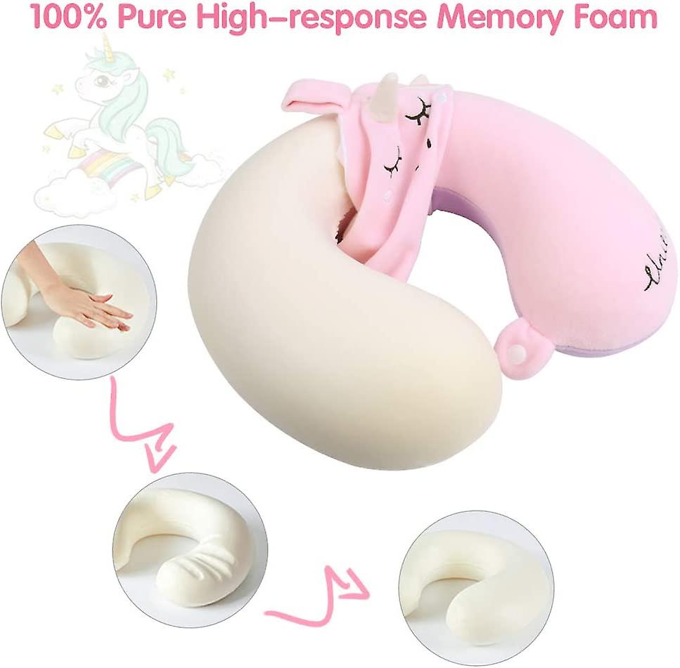 Kids Neck Pillow for Traveling,Unicorn Toddler Car Pillow,U-Shaped Airplane Flight Head Neck Support Memory Foam Pillow with Snap Washable Cover for A
