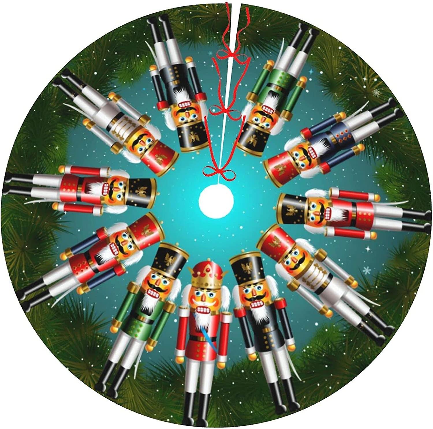 48 Inch Christmas Tree Skirt with 10 Nutcracker Red Green Toy Soldiers and A Nutcracker King Pattern