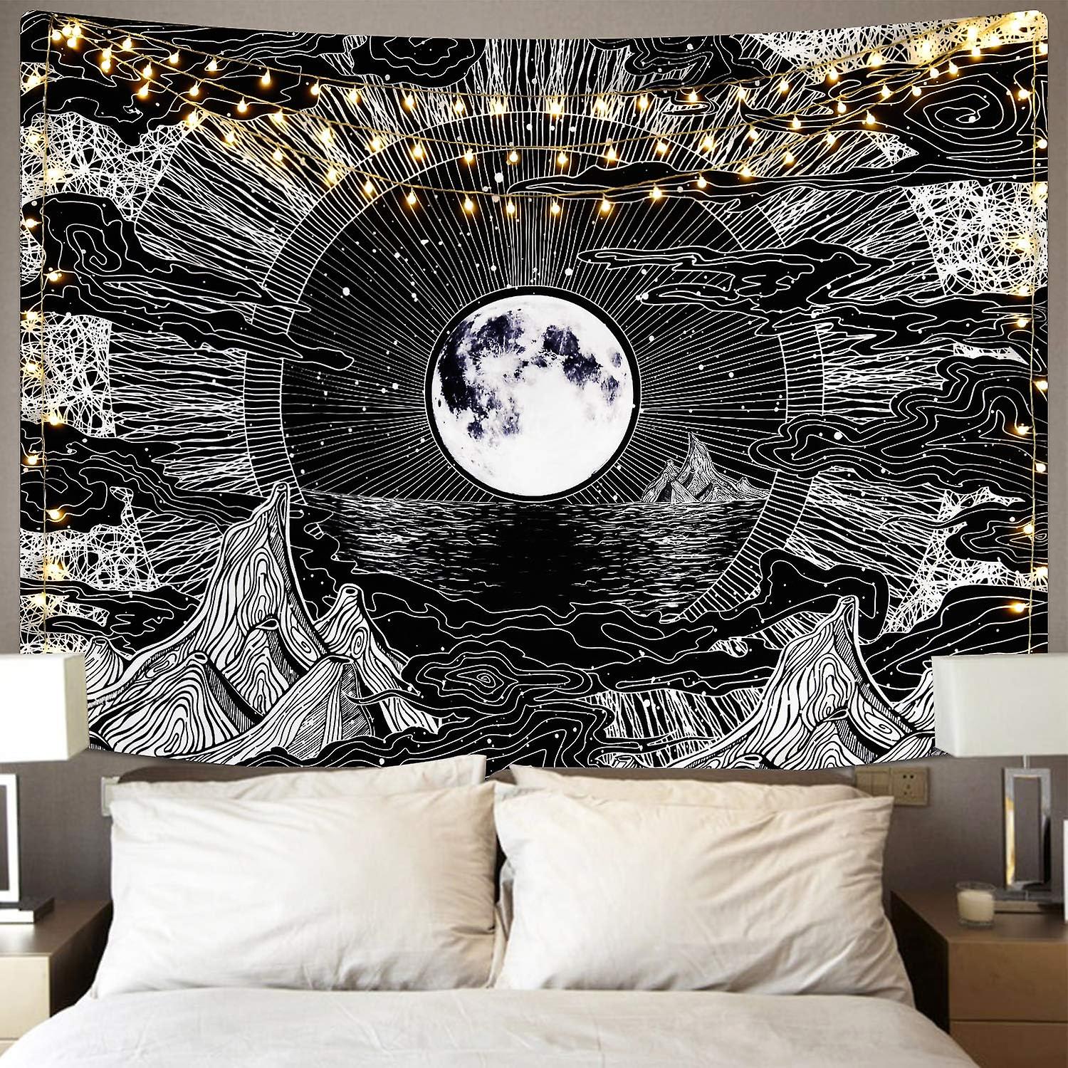 Wall Tapestry, Psychedelic, Moon, Stars And Clouds Motifs, 150 X 200 Cm Black And White, For The Bedroom