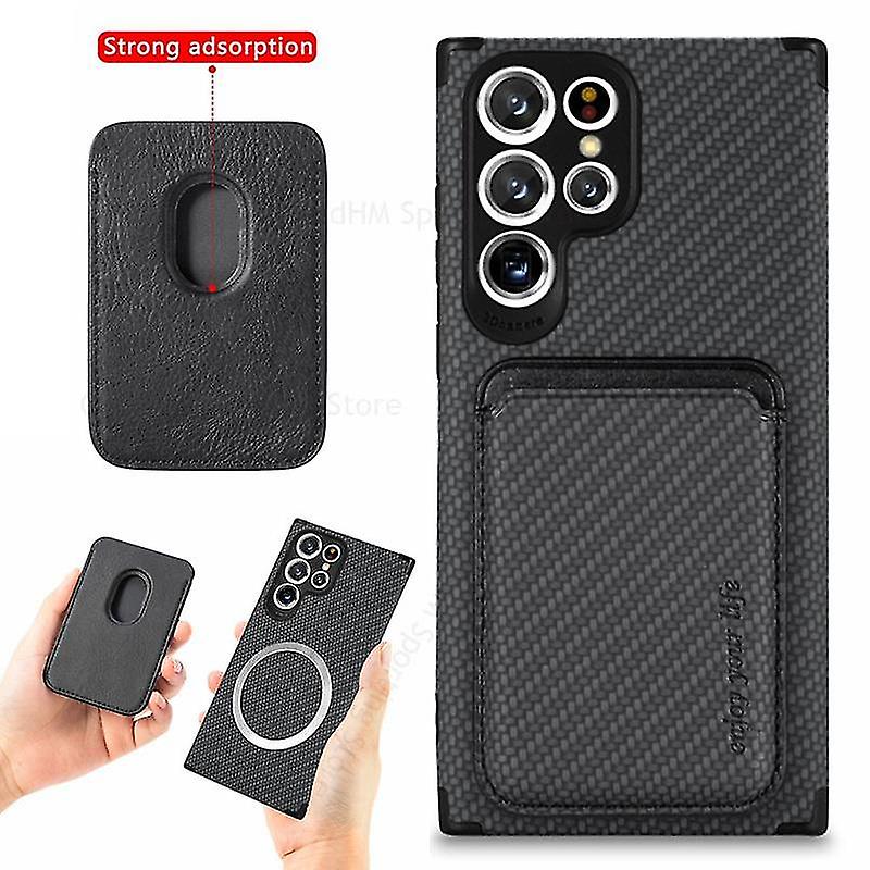 2'si 1 Arada Karbon Fiber Magsafe Manyetik Cüzdan Kılıfı Uyumlu Samsung Galaxy S23 Ultra / s23 Plus / s23