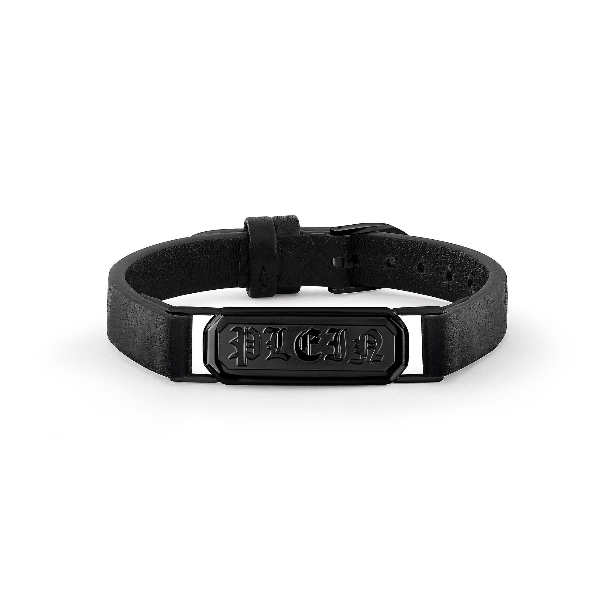 Philipp Plein Men's Bracelet Leather Stainless Steel IP Black GOTHIC TAG PJTEA07BU