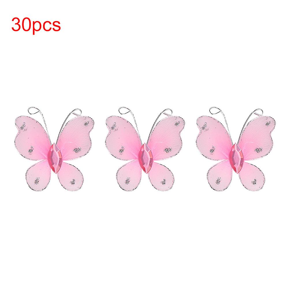 30pcs Wired Mesh Glitter Butterflies with Artificial Gem DIY Handmade Crafts for Weeding Party Home DecorationPink
