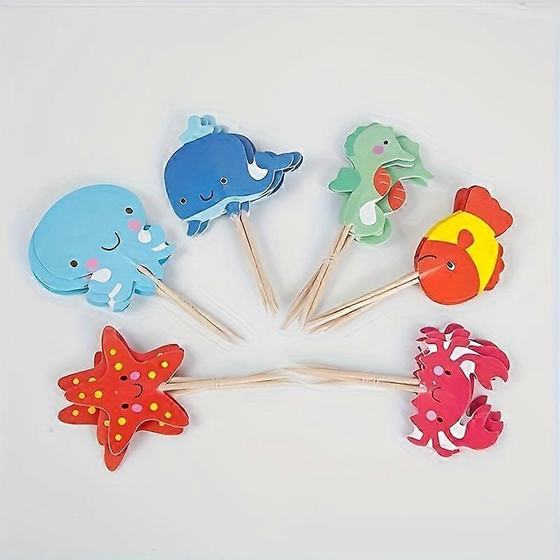 24pcs, Ocean Animal Cupcake Toppers Under The Sea Party Cake Flags Mermaid Theme Birthday Party Cake Decorations