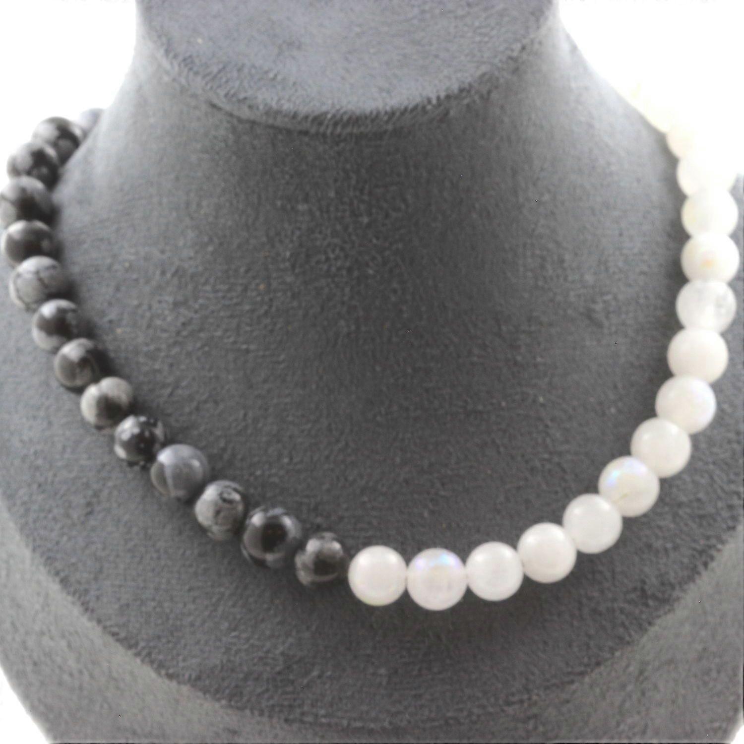 月光石 + 黑曜石雪花串珠项链 8 毫米不锈钢链条