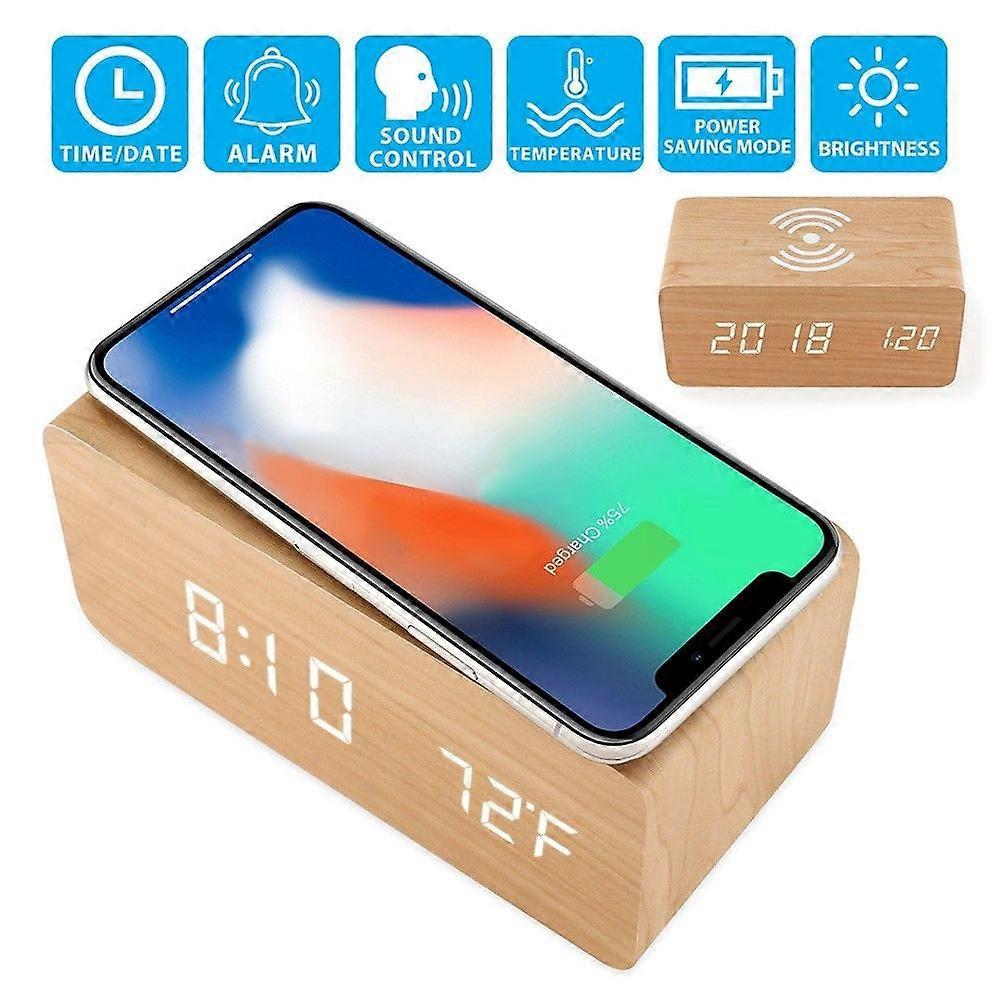 Wooden Digital LED Desk Alarm Clock Thermometer Qi Wireless Charger