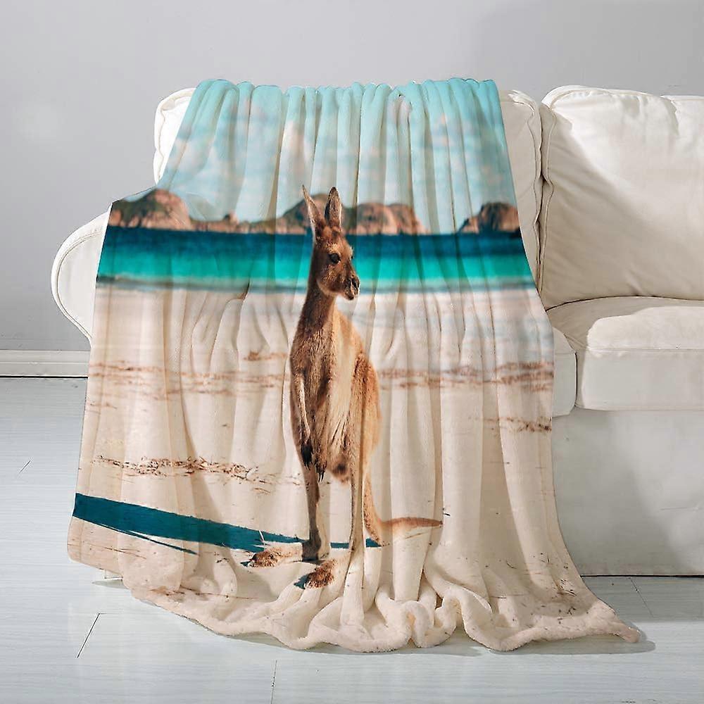 flannel Blanket Sofa ThrowKangaroo on Western Australia Beach- Versatile Blanket Fluffy Soft Throw for Bed and Couch Throw/Single,130x150 cm