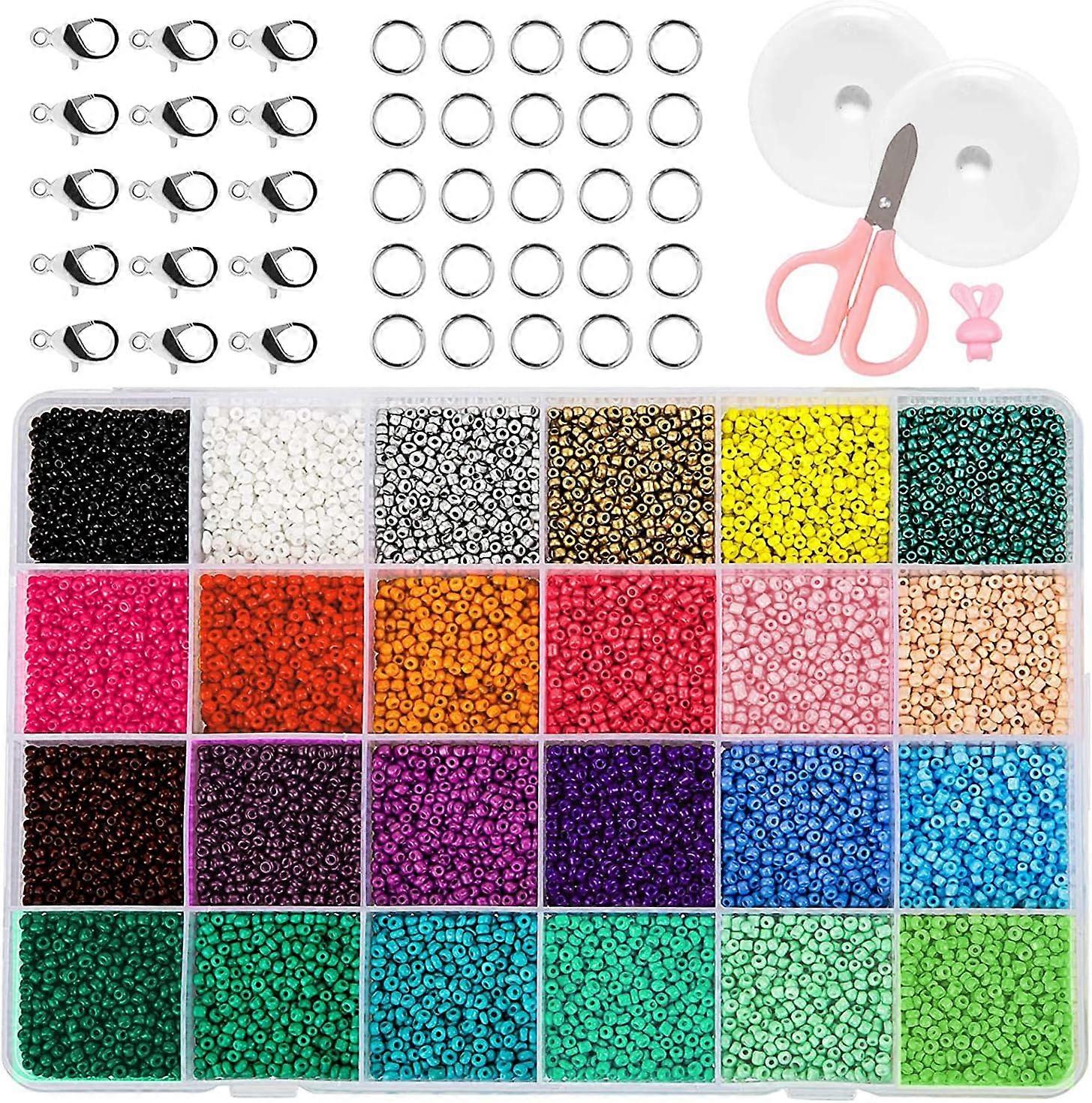 Mini Glass Seed Beads for Bracelets Jewelry Making and Crafts with Elastic String Cords, Scissors, and Storage Box, 2mm, 24 Colors