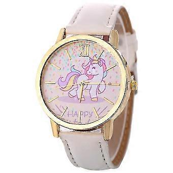 Relógio dos desenhos animados do estudante - Mostrador de ouro, relógio de quartzo com pulseira de couro branco, melhor presente para crianças