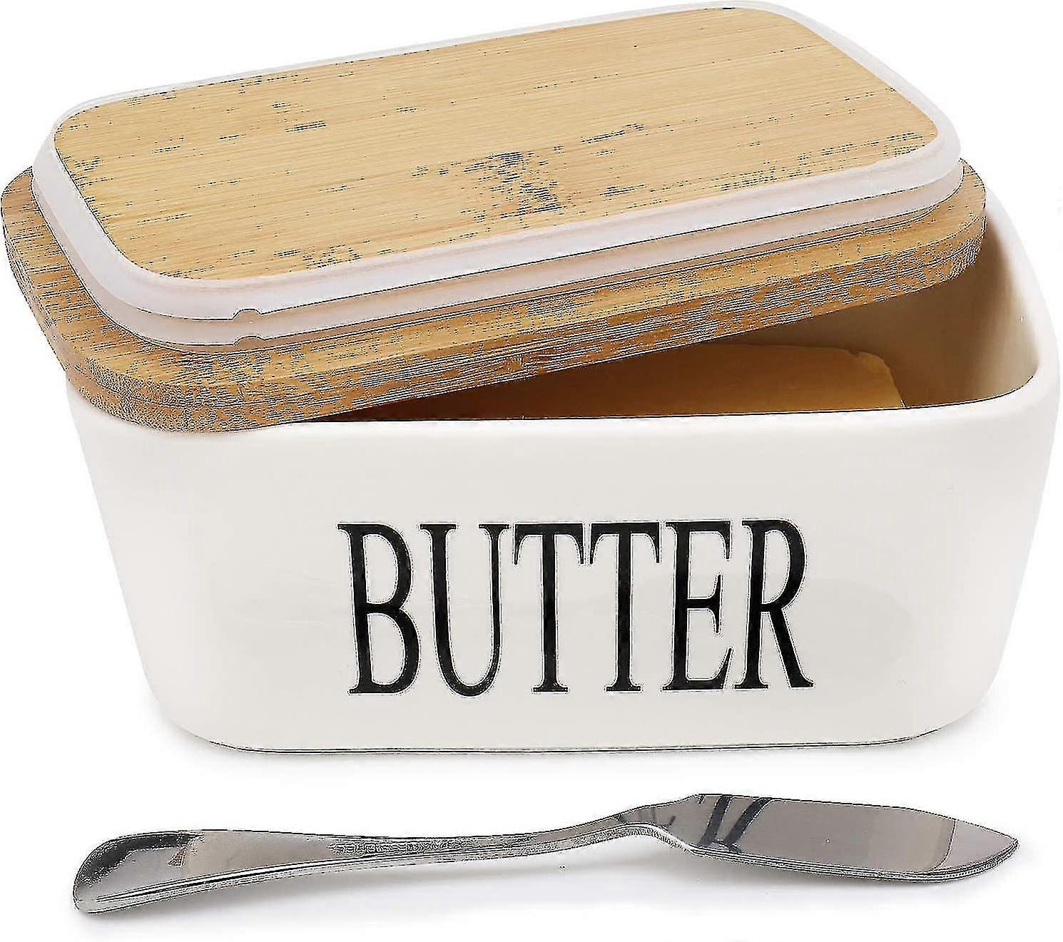 Butter Dish - Porcelain Butter Dish With Wooden Lid And Small Knife | Cheese Box For Storage In The Cusine Fridge 250g Color White
