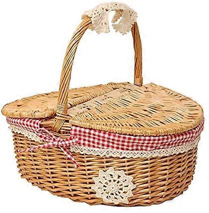 Woven Wicker Picnic Hamper with Lid - Country Style with Red and White Checkered Cotton Lining - Presentation Hamper for Picnics and Parties