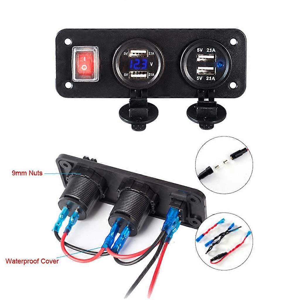 4 USB Power Outlet 12V/24V Power Socket for Car with LED Voltmeter Switch Panel